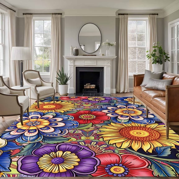8x10 Area Rugs for Living Room, Boho Blue Flower Non Slip Area Rugs for Kitchen Bedroom Entryway, Spring Bohemia Chic Red Yellow Floral Washable Carpet Runner Rug Floor Mats for Bedroom Home Decor