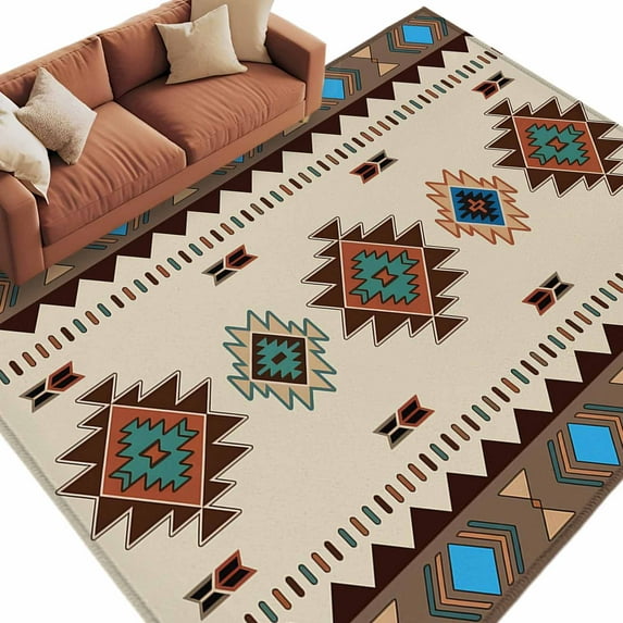 8x10 Area Rugs for Living Room, Boho Southwest Non Slip Area Rugs for Kitchen Bedroom Entryway, Farmhouse Aztec Tribe Brown Blue Plaid Washable Carpet Runner Rug Floor Mats for Bedroom Home Decor