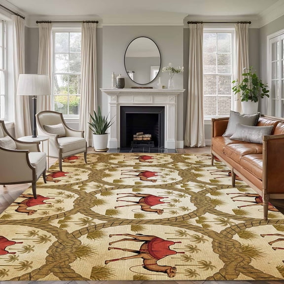 8x10 Area Rugs for Living Room, Brown Desert Camels Non Slip Area Rugs for Kitchen Bedroom Entryway, Tropical Date Coconut Trees Cords Leaves Washable Carpet Runner Rug Floor Mats for Bedroom