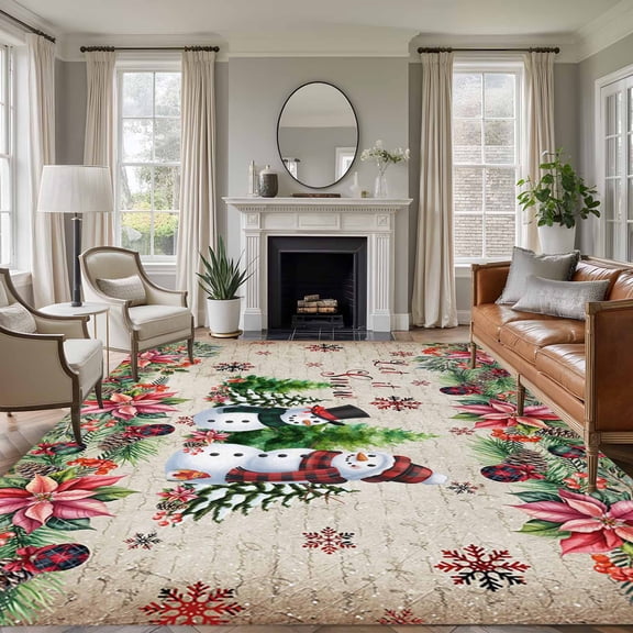8x10 Area Rugs for Living Room, Christmas Non Slip Area Rugs for Kitchen Bedroom Entryway, Snowman Snowflake Xmas Tree Winter Vintage Washable Carpet Runner Rug Floor Mats for Bedroom Home Decor