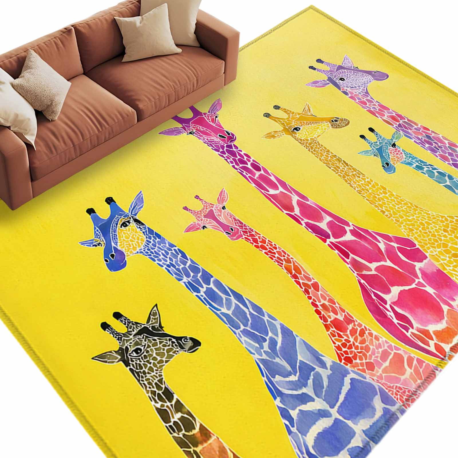 8x10 Area Rugs for Living Room, Colorful Giraffe Non Slip Area Rugs for Kitchen Bedroom Entryway, Watercolor Cute Cartoon Yellow Washable Carpet Runner Rug Floor Mats for Bedroom Home Decor