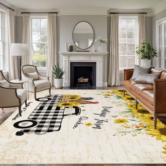 8x10 Area Rugs for Living Room, Country Kitchen Sunflowers Non Slip Area Rugs for Kitchen Bedroom Entryway, Rustic Truck Vintage Farmhouse Washable Carpet Runner Rug Floor Mats for Bedroom Home Decor