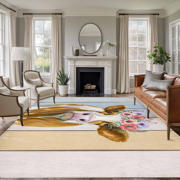 8x10 Area Rugs for Living Room, Farmhouse Cow Non Slip Area Rugs for Kitchen Bedroom Entryway, Spring Flowers Colorful Wooden Washable Carpet Runner Rug Floor Mats for Bedroom Home Decor