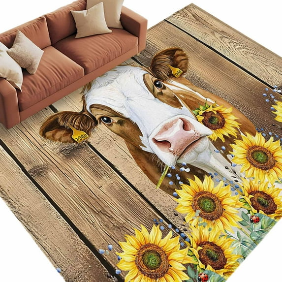 8x10 Area Rugs for Living Room, Farmhouse Cow Non Slip Area Rugs for Kitchen Bedroom Entryway, Vintage Country Sunflower Brown Wood Washable Carpet Runner Rug Floor Mats for Bedroom Home Decor
