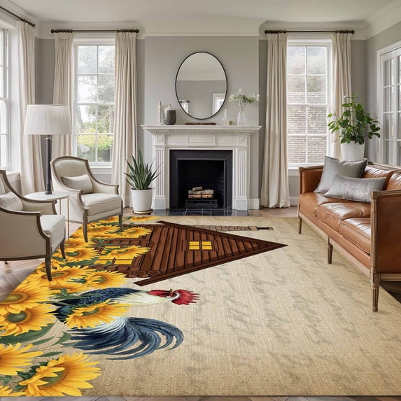 8x10 Area Rugs for Living Room, Farmhouse Sunflowers Non Slip Area Rugs for Kitchen Bedroom Entryway, Vintage Roosters Farm Countryside Washable Carpet Runner Rug Floor Mats for Bedroom Home Decor