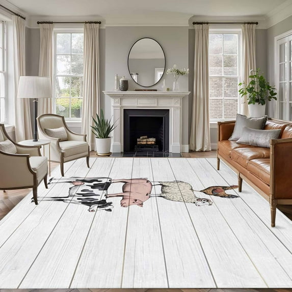 8x10 Area Rugs for Living Room, Farmhouse Wooden Grain Non Slip Area Rugs for Kitchen Bedroom Entryway, Modern Country Cow Pig Chicken Washable Carpet Runner Rug Floor Mats for Bedroom Home Decor