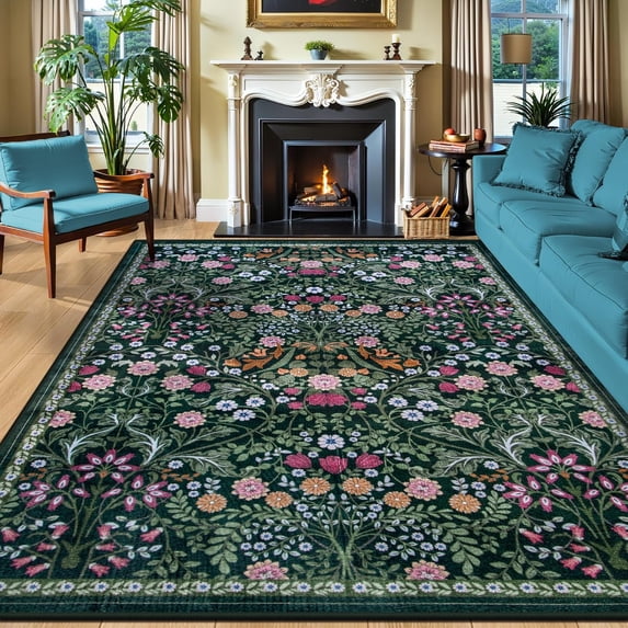 8x10 Floral Washable Vintage Area Rug Dark Green Non-Slip Stain Resistant Indoor Carpet