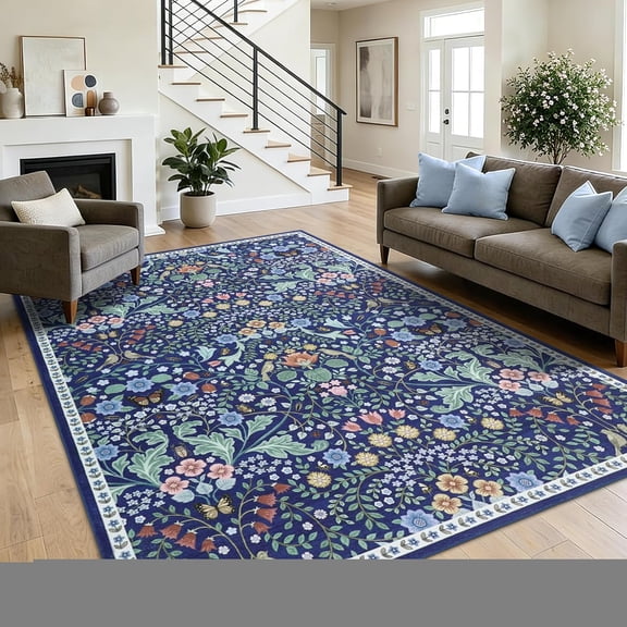 8x10 Area Rugs for Living Room, Floral Washable Rug Vintage Large Soft Botanical Non Slip Carpet Indoor Stain Resistant Floor Carpets for Bedroom Dining Room Farmhouse Nursery, Blue