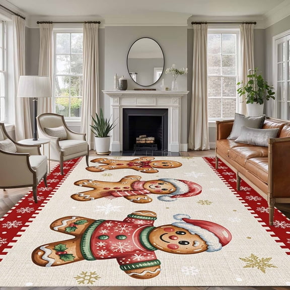 8x10 Area Rugs for Living Room, Gingerbread Christmas Non Slip Area Rugs for Kitchen Bedroom Entryway, Red Xmas Snowflake Winter Washable Carpet Runner Rug Floor Mats for Bedroom Home Decor