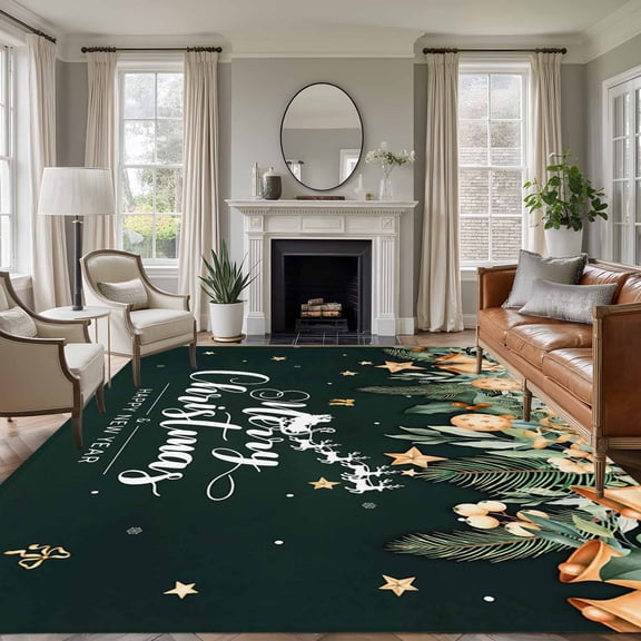 8x10 Area Rugs for Living Room, Green Christmas Non Slip Area Rugs for Kitchen Bedroom Entryway, Xmas Botanical Ball Bell Washable Carpet Runner Rug Floor Mats for Bedroom Home Decor