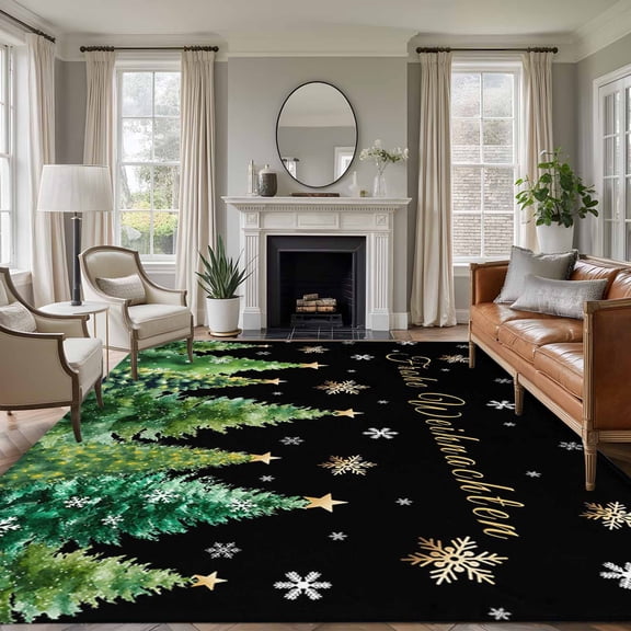 8x10 Area Rugs for Living Room, Green Christmas Tree Non Slip Area Rugs for Kitchen Bedroom Entryway, Winter Xmas Tree Snowflake Washable Carpet Runner Rug Floor Mats for Bedroom Home Decor