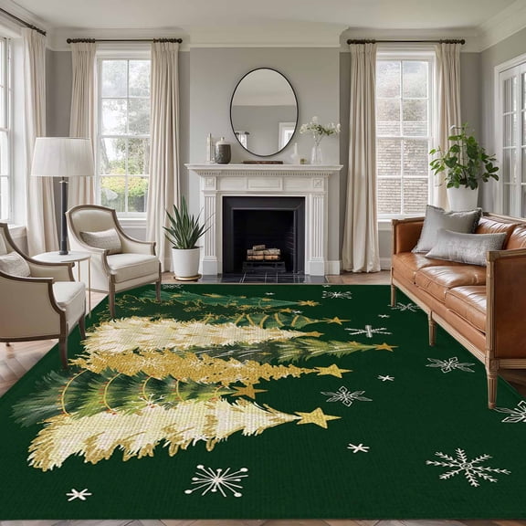 8x10 Area Rugs for Living Room, Green Christmas Tree Non Slip Area Rugs for Kitchen Bedroom Entryway, Xmas Tree Winter Snowflake Washable Carpet Runner Rug Floor Mats for Bedroom Home Decor