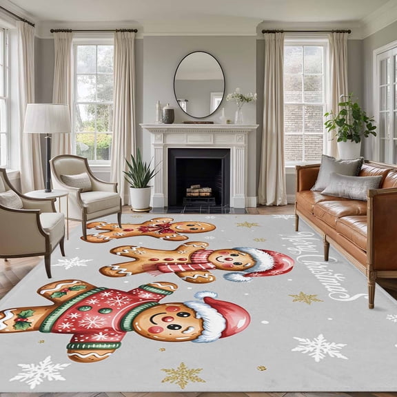 8x10 Area Rugs for Living Room, Grey Christmas Non Slip Area Rugs for Kitchen Bedroom Entryway, Gingerbread Xmas Snowflake Winter Washable Carpet Runner Rug Floor Mats for Bedroom Home Decor
