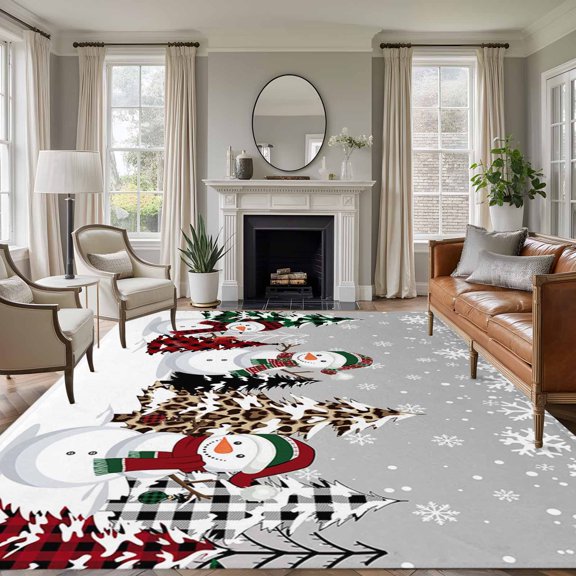 8x10 Area Rugs for Living Room, Grey Christmas Non Slip Area Rugs for Kitchen Bedroom Entryway, Snowman Xmas Tree Winter Snowflake Washable Carpet Runner Rug Floor Mats for Bedroom Home Decor