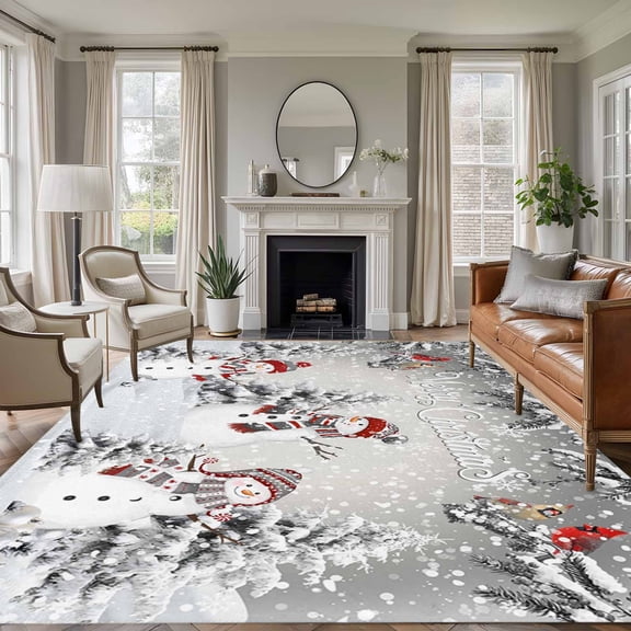8x10 Area Rugs for Living Room, Grey Merry Christmas Non Slip Area Rugs for Kitchen Bedroom Entryway, Snowman Xmas Tree Snowflake Winter Birds Washable Carpet Runner Rug Floor Mats for Bedroom
