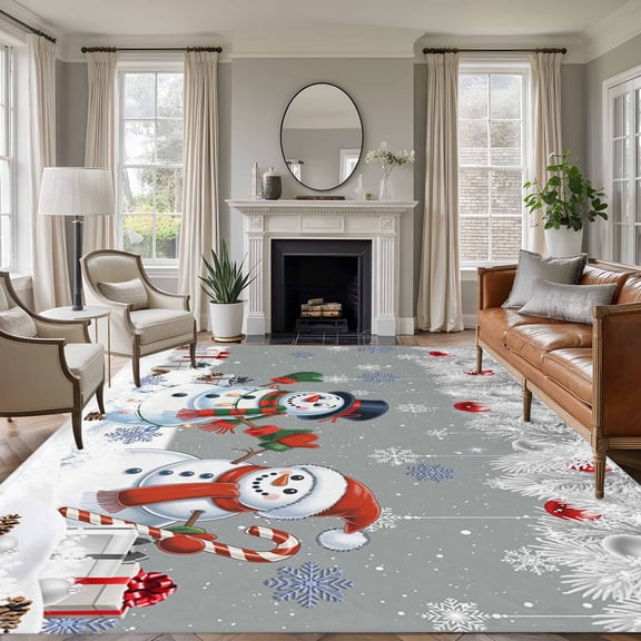 8x10 Area Rugs for Living Room, Grey Snowman Christmas Non Slip Area Rugs for Kitchen Bedroom Entryway, Xmas Snowflake Winter Ball Washable Carpet Runner Rug Floor Mats for Bedroom Home Decor