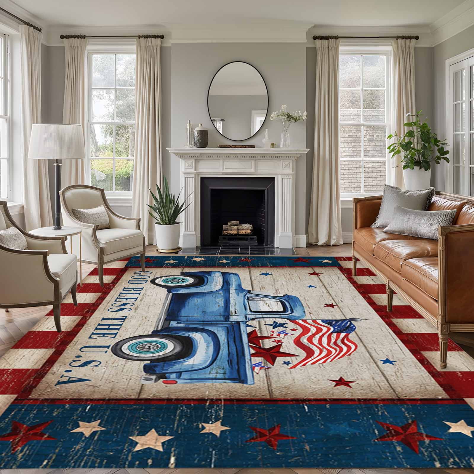 8x10 Area Rugs for Living Room, Independence Day Non Slip Area Rugs for Kitchen Bedroom Entryway, Vintage Blue Truck Flag Wooden Grain Washable Carpet Runner Rug Floor Mats for Bedroom Home Decor