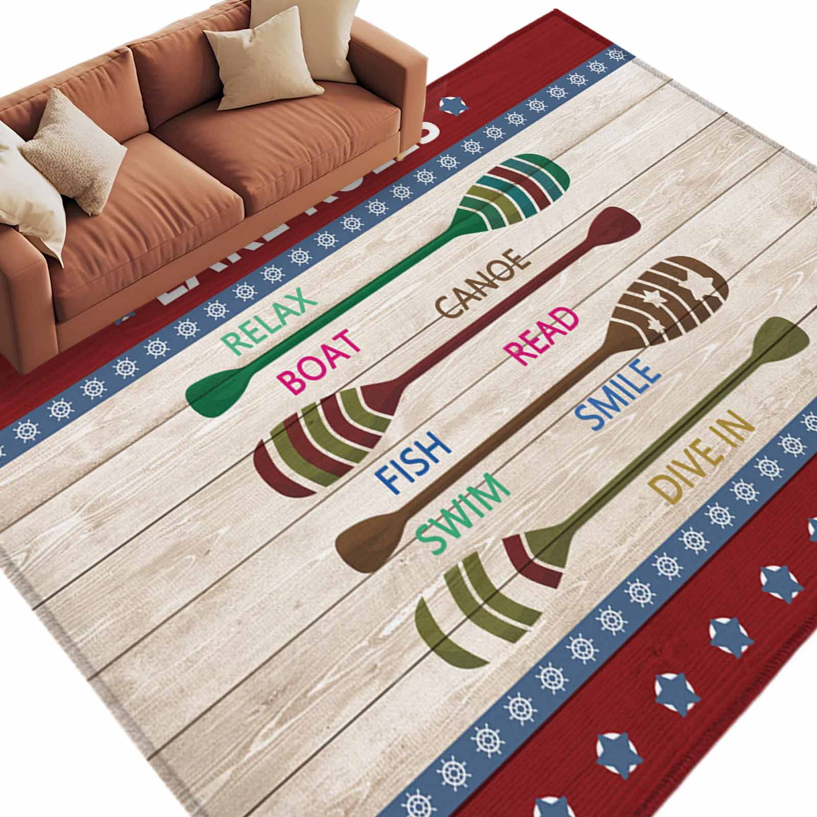 8x10 Area Rugs for Living Room, Lake Rules Non Slip Area Rugs for Kitchen Bedroom Entryway, Red Green Brown Paddle Striped Rudder Wooden Washable Carpet Runner Rug Floor Mats for Bedroom Home Decor