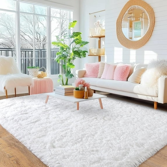 8x10 Area Rugs for Living Room, Large Ultra Fluffy Fuzzy Shag White Rug for Bedroom, Modern Plush Soft High Pile Upgrade Non-Slip Carpet for Kids Girls and Boys, Dorms, Home Decor Aesthetic