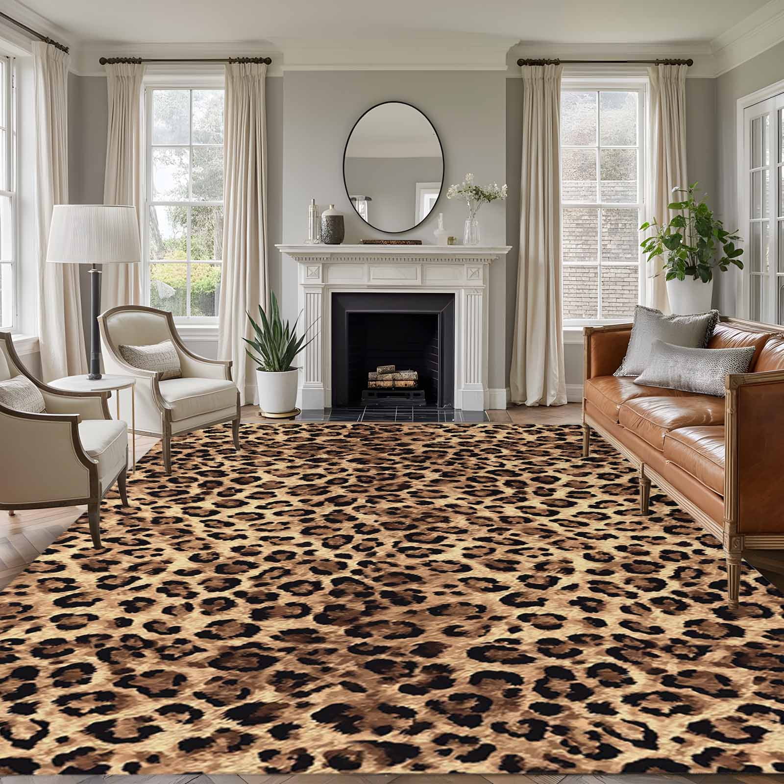 8x10 Area Rugs for Living Room, Leopard Printed Non Slip Area Rugs for Kitchen Bedroom Entryway, Modern Animals Textured Brown Washable Carpet Runner Rug Floor Mats for Bedroom Home Decor
