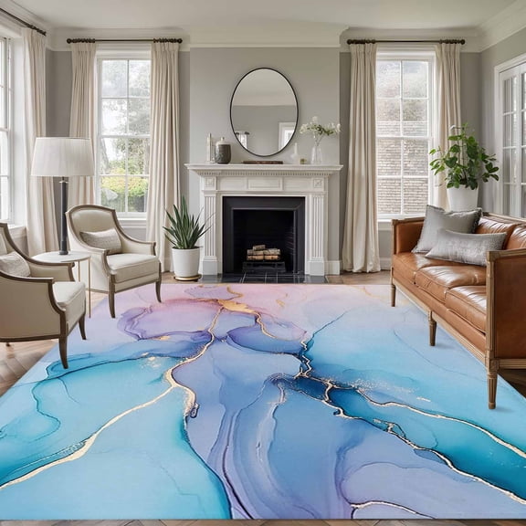 8x10 Area Rugs for Living Room, Marble Pink Blue Purple Non Slip Area Rugs for Kitchen Bedroom Entryway, Modern Abstract Art Ink Painting Washable Carpet Runner Rug Floor Mats for Bedroom Home Decor