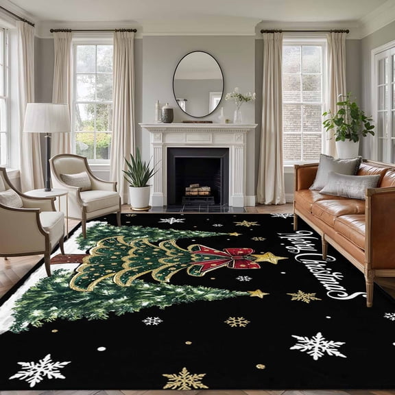 8x10 Area Rugs for Living Room, Merry Christmas Non Slip Area Rugs for Kitchen Bedroom Entryway, Black Xmas Tree Snowflake Washable Carpet Runner Rug Floor Mats for Bedroom Home Decor