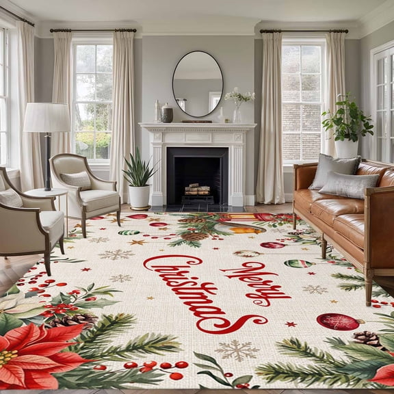 8x10 Area Rugs for Living Room, Merry Christmas Non Slip Area Rugs for Kitchen Bedroom Entryway, Red Poinsettia Xmas Tree Snowflake Winter Rustic Washable Carpet Runner Rug Floor Mats for Bedroom