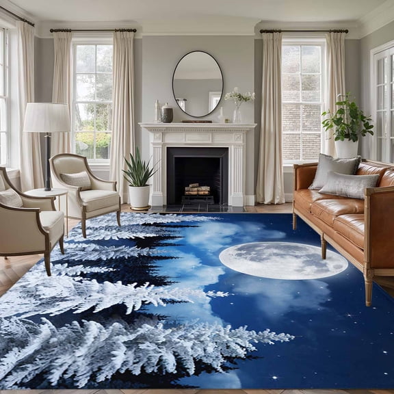 8x10 Area Rugs for Living Room, Moonlight Landscapes Non Slip Area Rugs for Kitchen Bedroom Entryway, Winter Christmas Trees Forest Washable Carpet Runner Rug Floor Mats for Bedroom Home Decor