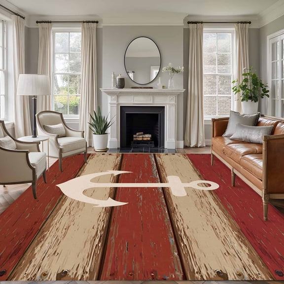 8x10 Area Rugs for Living Room, Nautical Anchor Non Slip Area Rugs for Kitchen Bedroom Entryway, Red Beige Rretro Wooden Board Textures Washable Carpet Runner Rug Floor Mats for Bedroom Home Decor