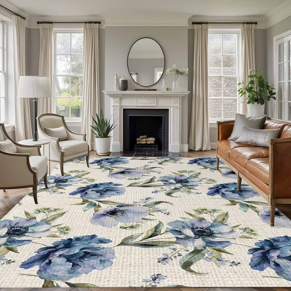 8x10 Area Rugs for Living Room, Navy Blue Floral Non Slip Area Rugs for Kitchen Bedroom Entryway, Vintage Flowers Elegant Pastoral Rustic Washable Carpet Runner Rug Floor Mats for Bedroom Home Decor