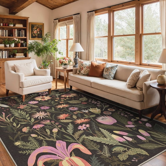 DEORAB 8x10 Large Vintage Floral Area Rugs – Machine Washable Rugs for Living Room, Non Slip Rubber Backing,Floral Rug for Bedroom Entryway Dining Home Office,Brown