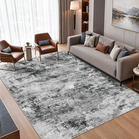 8x10 Area Rugs for Living Room - Non-Slip Washable Low Pile Abstract Floor Carpet, Stain Resistant Pet Friendly Indoor Rug for Bedroom Dining Room, Black Gray