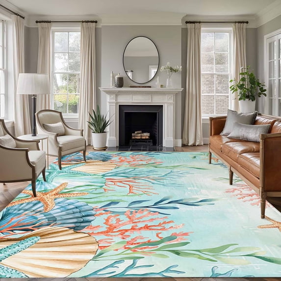 8x10 Area Rugs for Living Room, Ocean Starfish Seaweed Non Slip Area Rugs for Kitchen Bedroom Entryway, Summer Coastal Beach Shell Coral Teal Washable Carpet Runner Rug Floor Mats for Bedroom