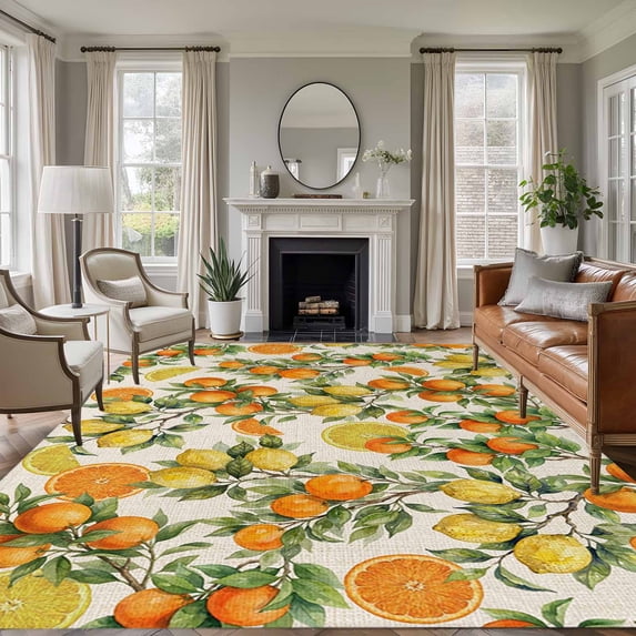 8x10 Area Rugs for Living Room, Orange Lemons Non Slip Area Rugs for Kitchen Bedroom Entryway, Summer Botanical Farmhouse Vintage Art Rustic Washable Carpet Runner Rug Floor Mats for Bedroom