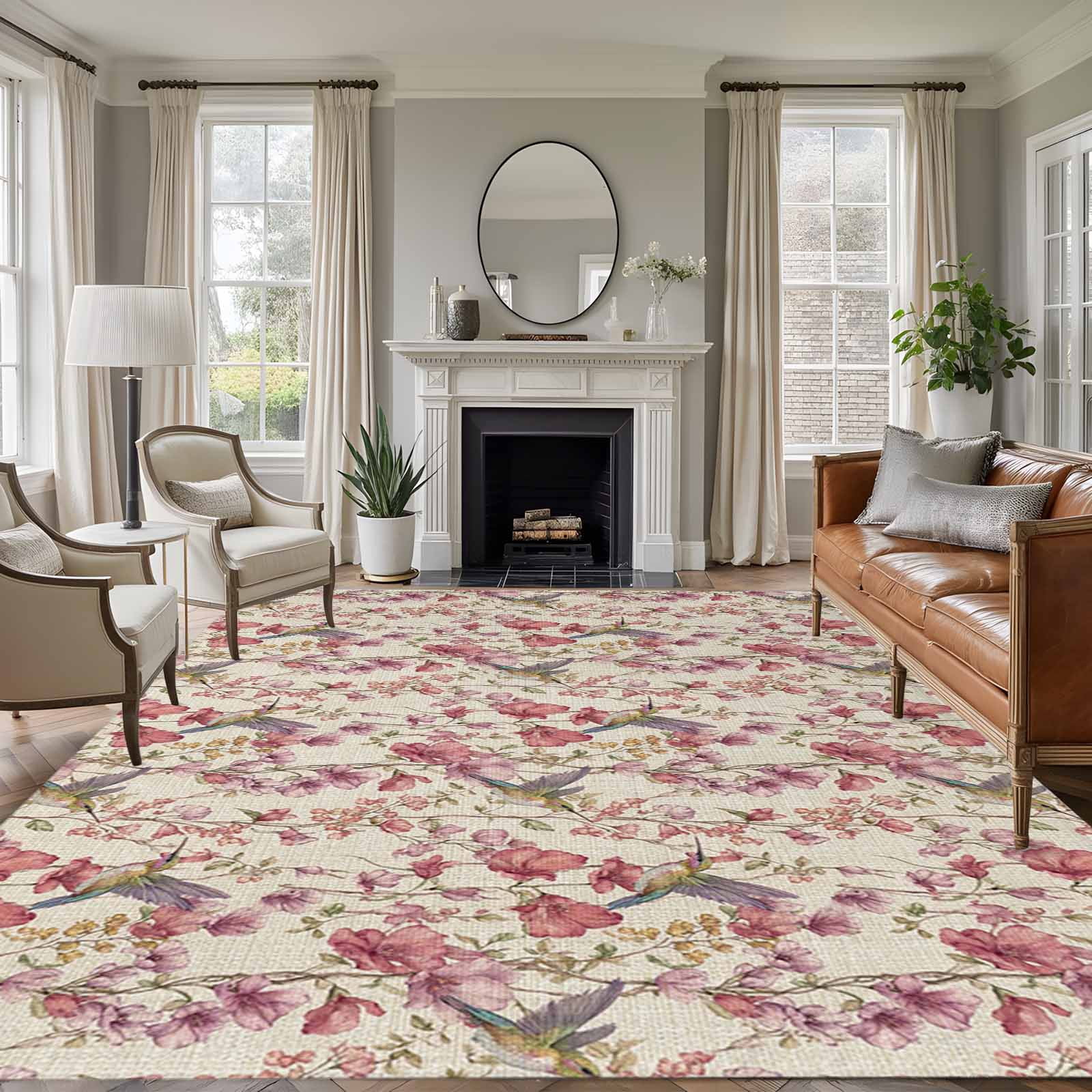8x10 Area Rugs for Living Room, Pink Beige Flowers Non Slip Area Rugs ...
