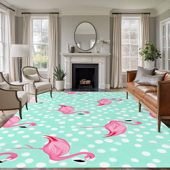 8x10 Area Rugs for Living Room, Pink Flamingo Non Slip Area Rugs for Kitchen Bedroom Entryway, White Green Polka Dot Modern Art Washable Carpet Runner Rug Floor Mats for Bedroom Home Decor