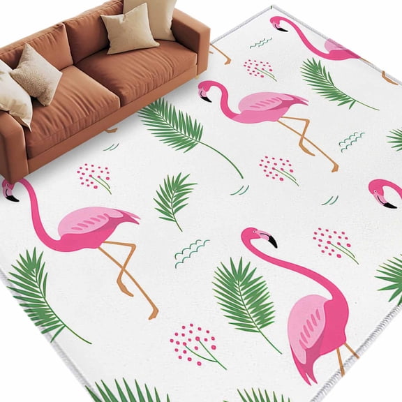 8x10 Area Rugs for Living Room, Pink Flamingos Non Slip Area Rugs for Kitchen Bedroom Entryway, Summer Green Tropical Palm Leaves Washable Carpet Runner Rug Floor Mats for Bedroom Home Decor
