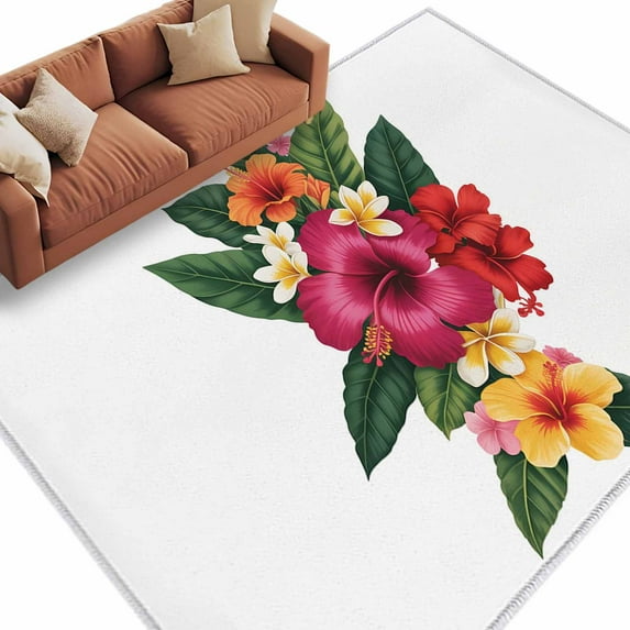 8x10 Area Rugs for Living Room, Pink Red Yellow Hibiscus Non Slip Area Rugs for Kitchen Bedroom Entryway, Farmhouse Tropical Floral Washable Carpet Runner Rug Floor Mats for Bedroom Home Decor