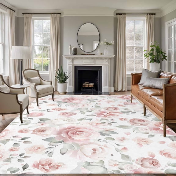 8x10 Area Rugs for Living Room, Pink Rose Non Slip Area Rugs for Kitchen Bedroom Entryway, Modern Simple Romantic Flowers Floral Leaves Washable Carpet Runner Rug Floor Mats for Bedroom Home Decor