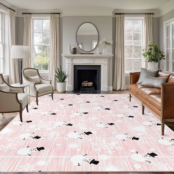 8x10 Area Rugs for Living Room, Pink Snowman Christmas Non Slip Area Rugs for Kitchen Bedroom Entryway, Xmas Snowflake Winter Abstract Art Washable Carpet Runner Rug Floor Mats for Bedroom