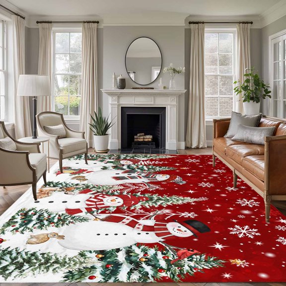 8x10 Area Rugs for Living Room, Red Christmas Non Slip Area Rugs for Kitchen Bedroom Entryway, Snowman Snowflake Xmas Tree Winter Washable Carpet Runner Rug Floor Mats for Bedroom Home Decor