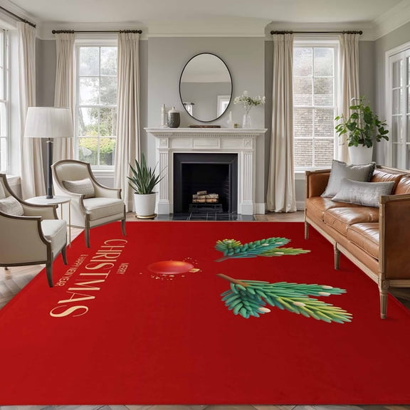 8x10 Area Rugs for Living Room, Red Christmas Non Slip Area Rugs for Kitchen Bedroom Entryway, Xmas Tree Ball Winter Modern Art Washable Carpet Runner Rug Floor Mats for Bedroom Home Decor