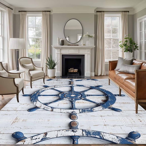 8x10 Area Rugs for Living Room, Retro Rudder Coastal Non Slip Area Rugs for Kitchen Bedroom Entryway, Summer Beach Ocean Nautical Washable Carpet Runner Rug Floor Mats for Bedroom Home Decor