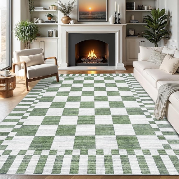 8x10 Area Rugs for Living Room,Sage Green Checkered Rug, Non-Slip Washable Rugs 8x10,Soft Low-Pile Farmhouse Geometric Modern Rug for Bedroom Dining Room
