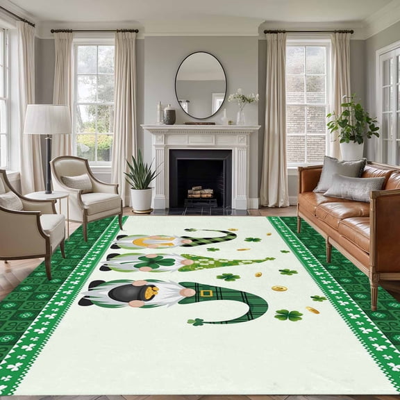 8x10 Area Rugs for Living Room, Saint Patrick's Day Non Slip Area Rugs for Kitchen Bedroom Entryway, Green Gnomes Shamrock Gold Coin Washable Carpet Runner Rug Floor Mats for Bedroom
