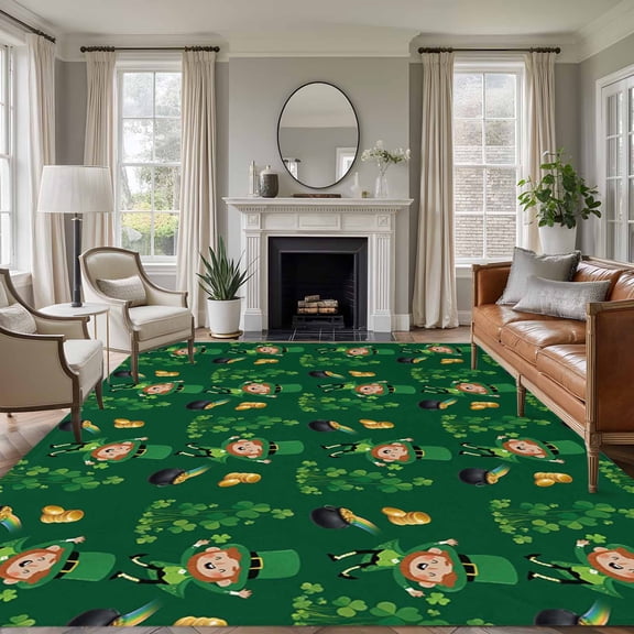 8x10 Area Rugs for Living Room, Saint Patrick's Day Non Slip Area Rugs for Kitchen Bedroom Entryway, Green Shamrock Lucky Coin Spring Washable Carpet Runner Rug Floor Mats for Bedroom Home Decor
