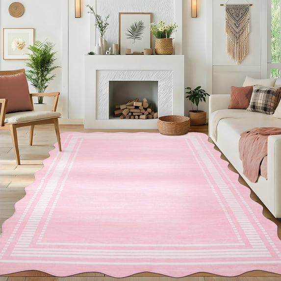 8x10 Area Rugs for Living Room Scalloped Bedroom Rug Modern Neutral Solid Color Area Rug for Office, Nursery, Kids Room, Non Slip Stain Resistant Dining Room Rug Pink