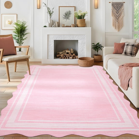 8x10 Area Rugs for Living Room Scalloped Bedroom Rug Modern Neutral Solid Color Area Rug for Office, Nursery, Kids Room, Non Slip Stain Resistant Dining Room Rug Pink