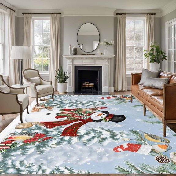 8x10 Area Rugs for Living Room, Snowman Christmas Non Slip Area Rugs for Kitchen Bedroom Entryway, Snowflake Winter Xmas Tree Washable Carpet Runner Rug Floor Mats for Bedroom Home Decor