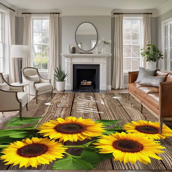 8x10 Area Rugs for Living Room, Spring Sunflowers Non Slip Area Rugs for Kitchen Bedroom Entryway, Country Farmhouse Brown Wooden Plank Washable Carpet Runner Rug Floor Mats for Bedroom Home Decor